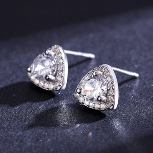 Sparkling geometric 925 sterling silver triangle stud earrings with clear zircon stones