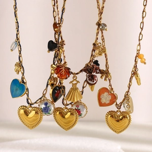 Collier Pendentif Coeur Fleur Acier Inoxydable Plaqué Or 18K Corde Coton Chaîne Trombone Bijoux Mode Pour Femmes