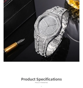 Macro detail of luxury men's iced-out watch with crystal rhinestones on octagonal bezel