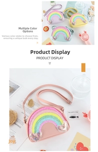 Detail of glitter rainbow crossbody bag with heart sequins in pastel candy colors