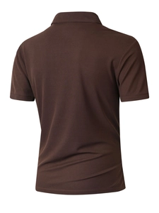 Rear view of brown waffle knit short sleeve polo shirt showing fabric texture