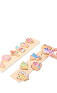 Detail of wooden peg puzzles featuring dessert and vehicle themes for toddler education