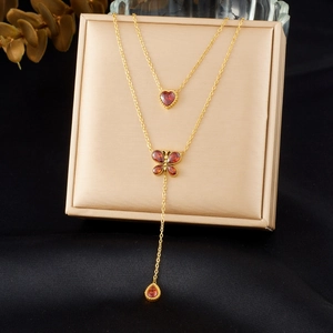 Double-Layer Stainless Steel Necklace With Heart Butterfly Water Drop Pendants Rhinestone Inlaid Fashion Jewelry For Women