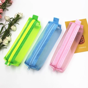 Three-piece mesh pencil case set in green, blue and pink with top handle and zipper