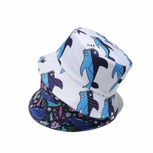 Summer sun protection fisherman hat with blue ocean whale and sea life print patterns
