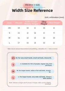 Size guide for purple fairy press-on nails with measurements in millimeters for each nail