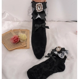 Japanese Lolita style black lace socks with bow and square diamond pearl accessory