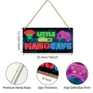 Detail of wooden gaming sign with hemp rope hanger showing dimensions and neon print finish