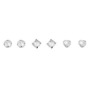 Three-piece silver stud earring set featuring round, square, and heart-shaped zircon stones