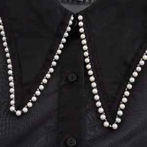 Elegant black organza shirt for women featuring a pearl-decorated collar and buttons