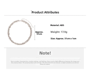 Detail view of silver ABS beaded necklace with specs: 17.9g weight and 51cm length