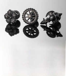 Three-piece black titanium steel stud earrings set with gear and gothic badge motifs