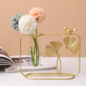 Nordic gold metal ginkgo leaf frame vase with bird and hydroponic glass tube