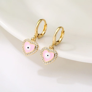 Gold-plated hoop earrings with pink heart evil eye pendant and zircon accents
