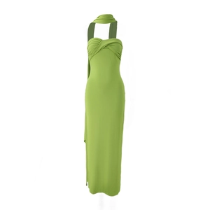 Detail of cross-pleated bust and halter neck tie on a slim-fit grass green maxi dress