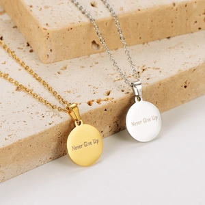 Never Give Up engraved stainless steel circle necklaces in gold and silver finish