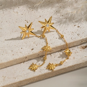 Détail de boucles d'oreilles dorées à pampilles avec octagramme en cristal et étoiles