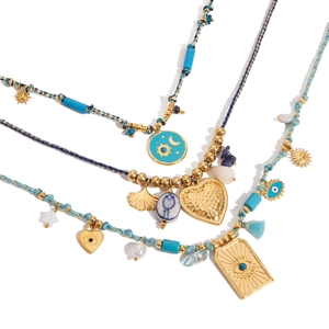Multilayer 18K gold stainless steel necklace with turquoise beads and sun-moon charms