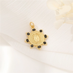 14K gold plated pendant with central relief and eight inlaid black cubic zirconia stones