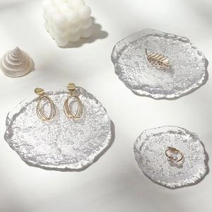 Irregular Glass Jewelry Tray Transparent Hammered Texture Gold Rim Decorative Dish For Rings Earrings Storage Photo Props