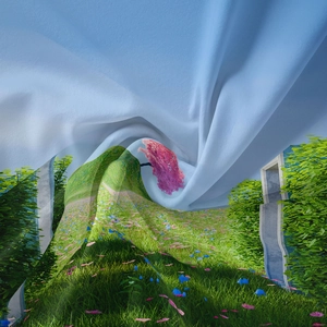 Close-up of bohemian landscape tapestry fabric with pink trees and soft draped texture