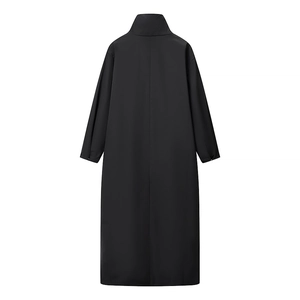 Back view of a long black stand-collar trench coat with a loose and sleek street style design