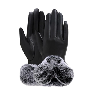Pair of black PU leather gloves for women with grey-white faux fur cuffs for winter warmth