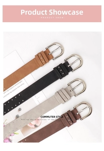 Detail view of four slim suede leather belts in khaki, black, grey and dark brown