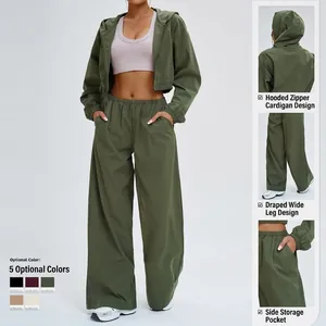 Women's 2-piece olive green sun protection sports set with zip hoodie and wide-leg pants