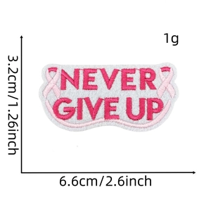 Detail view of pink ribbon breast cancer embroidery patch with Never Give Up text