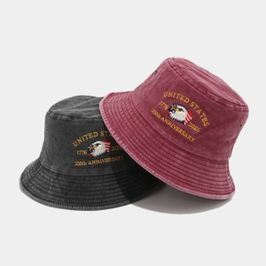 Close-up of US Marine Corps 250th anniversary embroidery on washed cotton bucket hats