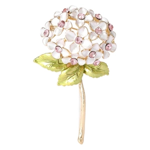Elegant white enamel hydrangea brooch with pink rhinestones and green leaves on gold pin
