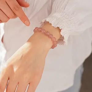 Bracelet minimaliste en quartz fraise pour femme avec perles rondes en cristal rose naturel