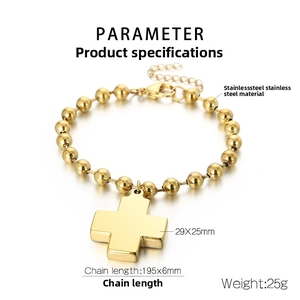 Detailed view of golden stainless steel cross pendant bracelet with bead chain and specs