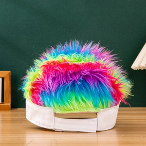 Detail of multi-color faux fur wig hat with white fabric base and velcro strap closure
