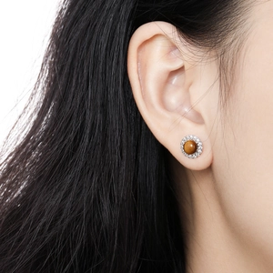 Elegant S925 sterling silver round stud earrings with turquoise and pavé cubic zirconia