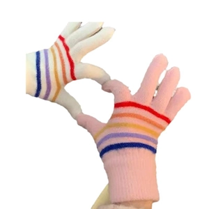 Rainbow striped knitted gloves for winter with touchscreen heart pattern display