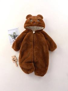 Adorable brown bear-eared baby plush hooded romper for cozy winter newborn pajamas outfit