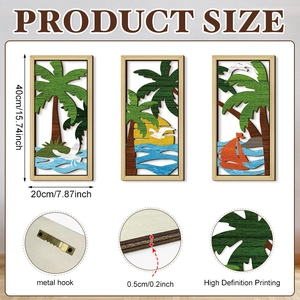 Lot de 3 décorations murales en bois thème plage tropicale avec palmiers, 40x20cm par pièce