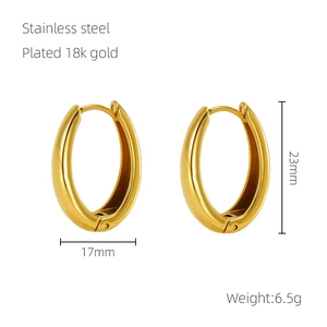 Detail view of 18k gold plated oval stainless steel earrings measuring 23mm x 17mm