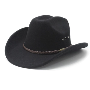 Classic black wool western cowboy hat with a braided band and wide curved brim
