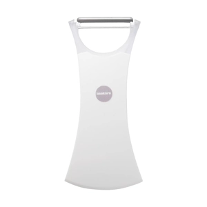 Ergonomic white plastic vegetable peeler with metal blade for efficient fruit peeling
