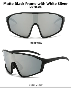Front and side views of large matte black frame sports sunglasses with silver mirror lenses