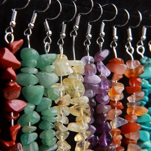 Handmade bohemian earrings with multi-color natural crushed stones and silver fish hooks