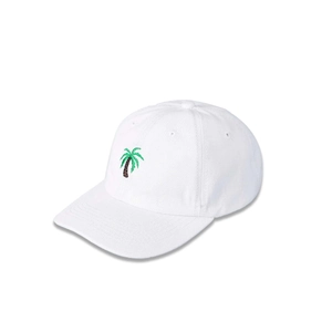 Detailed view of green palm tree embroidery on a white cotton twill baseball cap