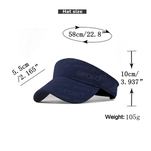 Dettagli sulle misure di una visiera sportiva blu navy con lunghezza tesa e taglia