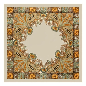 Elegante bufanda cuadrada de seda satinada con estampado floral paisley en tonos tierra