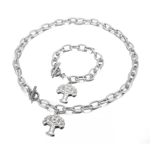 Silver tree of life jewelry set featuring necklace and bracelet with toggle clasp