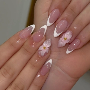 Faux Ongles Press On French Tips Blancs Paillettes Roses Avec Fleurs 3D Amande Manucure Pour Femmes