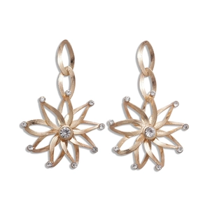 Golden sunburst flower chain earrings with sparkling crystals for elegant women